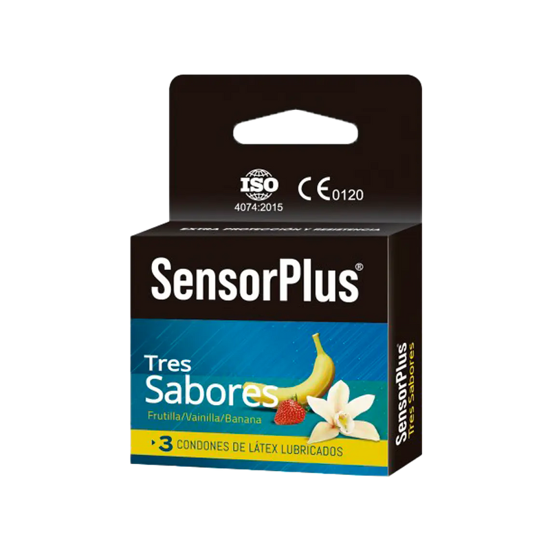 Preservativos Sensor Plus Tres Sabores, caja de 3 unidades