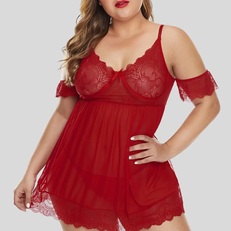Babydoll Lace Rojo Manga Sin Hombros talla XL